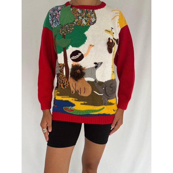 90s vintage Raquels embroidered textured 3D jungle animals hand knit sweater - Picture 2 of 10